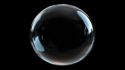 Wall Mural - A shiny, transparent, spherical bubble isolated on a black background.