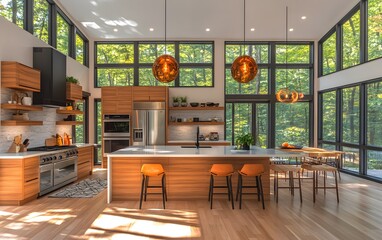 Modern kitchen with large windows and wooden accents, designed for cooking and socializing.