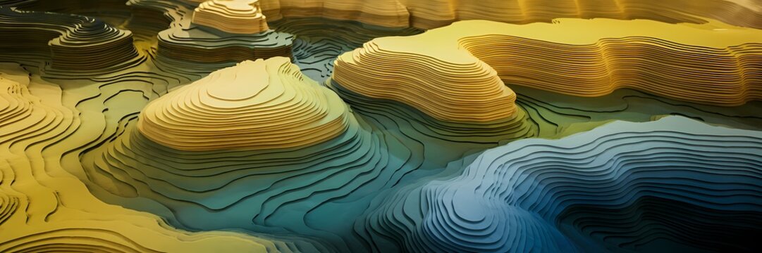 layered landscape resembling a topographic map. The map has flowing contour lines and a paper-like texture.
