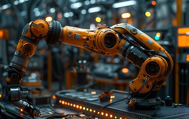 Aufkleber - An industrial robotic arm in an automated environment, featuring intricate design and glowing lights, conveying advanced technology and manufacturing.