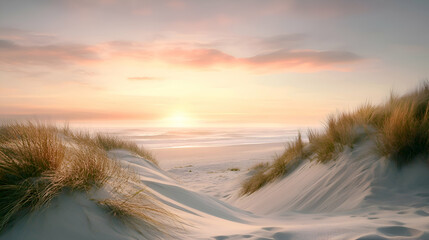 Wall Mural - a scenic view of a sandy beach with tall grass and a pink sunset over the ocean.