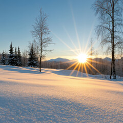 Wall Mural - winter sunrise casts warm glow over snowy landscape, illuminating serene scene with soft light and long shadows. snow sparkles under clear blue sky, creating tranquil atmosphere