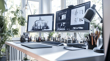 Modern minimalist home office desk with two monitors, keyboard, and various office supplies, surrounded by plants.