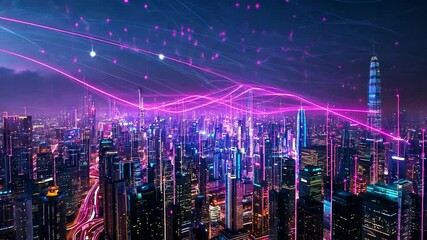 Modern digital Smart city Cityscape skyline. Global communications and networking. Cyberspace in big city. Futuristic High-speed Big data internet connection technology network real. 3D Illustration