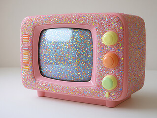 pink vintage television box with a gold metal finish, adorned with colorful buttons and a screen that displays a blank image.