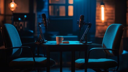 Poster - Dimly lit podcast setup featuring two chairs in a professional setting, open copy space on dark background for branding, ideal for media.