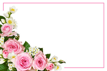 Wall Mural - pink roses, jasmine and spirea flowers in a corner arrangement with frame isolated on white or trans