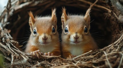 Two adorable baby red squirrels peek out from their nest, looking curious and playful.