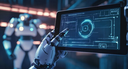 Aufkleber - Robot hand using a virtual screen interface to monitor and control automation robotic arms machine in an intelligent factory industrial