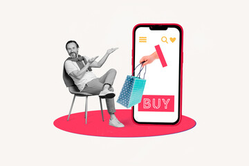 Poster - creative composite photo collage of intelligent middle age man recomand buy clothes online in app is