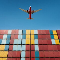 Airplane flying above container yard, multimodal logistics, global reach