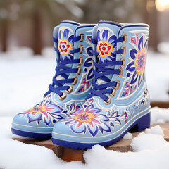 women's boots with painted winter patterns stand on the snow