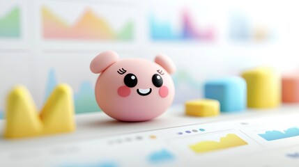 Poster - A cute pink character with cheerful features, surrounded by colorful charts and graphs, representing data analysis and creativity.