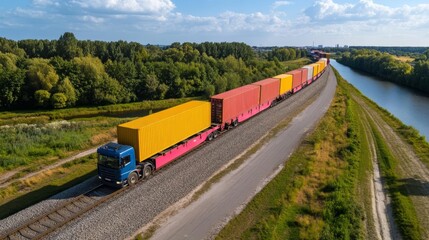 Cargo ship, train, and trucks in sync, smooth logistics flow, multimodal efficiency