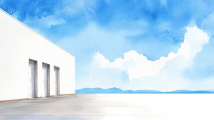 Poster - A serene watercolor landscape featuring a minimalistic white building against a vibrant blue sky, perfect for calming and contemporary themes.
