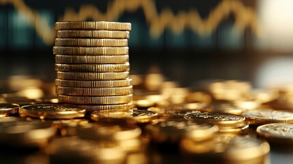 Poster - Stack of shiny gold coins representing wealth, investment, and prosperity in financial markets. Ideal for business and economic themes.