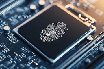 Poster - a close-up view of a microchip with a digital fingerprint design, symbolizing cybersecurity and tech