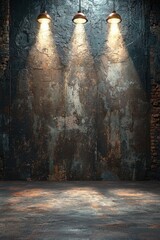 Poster - Illuminated rustic wall with three hanging lights creating a dramatic atmosphere, perfect for backgrounds in graphy or art displays.