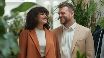 Couple in beige and orange blazers among tropical plants. Valentine's Day fashion concept