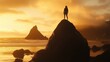 © DeepMind - Silhouette Of An Adventurer On A Rocky Cliff During A Beautiful Sunset By The Ocean With Golden Clouds And Distant Mountains
