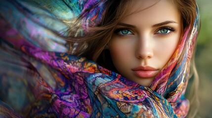 Stunning woman wrapped in a vibrant scarf, exuding beauty and elegance. The colorful scarf adds charm, creating an enticing focus with ample copy space for your creative needs.