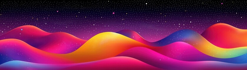 Poster - vibrant abstract landscape featuring colorful wavy hills set against a cosmic starry background, ide