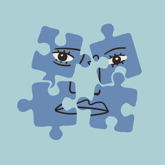 Wall Mural - abstract human face on puzzle pieces. jigsaw puzzle game with face. contemporary minimalistic elegan