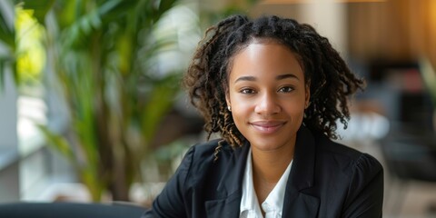 Fototapete - Professional business woman with a warm smile in a business setting.
