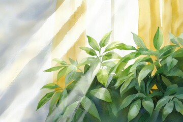 Wall Mural - A serene watercolor painting depicting lush green leaves bathed in soft sunlight, creating a tranquil and inviting atmosphere.