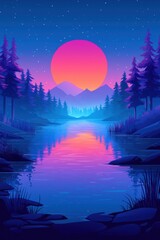 Wall Mural - Vibrant twilight scene featuring a serene river, majestic mountains, and a stunning sunset illuminated by a starry sky, perfect for nature lovers.