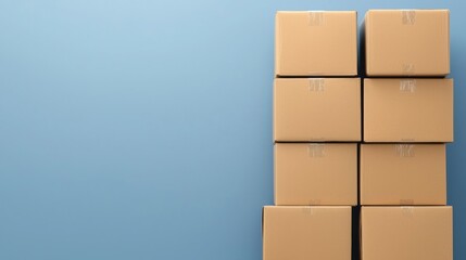 Poster - A stack of brown cardboard boxes on a blue background, perfect for demonstrating packaging, shipping, storage, and moving concepts.