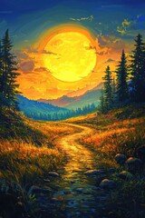 Wall Mural - A stunning sunset landscape with vibrant colors illuminating a winding path through a serene field surrounded by tall trees and distant mountains.