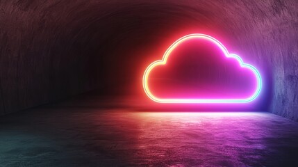 Poster - A glowing neon cloud illuminated in a dark tunnel, creating a vibrant and surreal atmosphere, perfect for digital and futuristic themes.