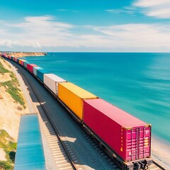 Freight train moving containers near ocean, multimodal connection, global network