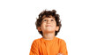 © Miso Ai - Smiling boy looking up, wearing an orange shirt, isolated.