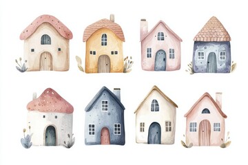 Poster - A charming collection of whimsical watercolor houses in various shapes and colors, perfect for home decor, design projects, and art inspiration.