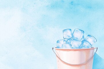 Poster - a bucket filled with clear ice cubes on a soft blue background, perfect for summer themes, refreshme