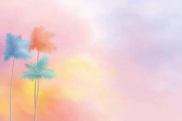Poster - A serene pastel background with tropical palm trees, perfect for summer designs, travel themes, or tranquil landscapes. Ideal for relaxation.