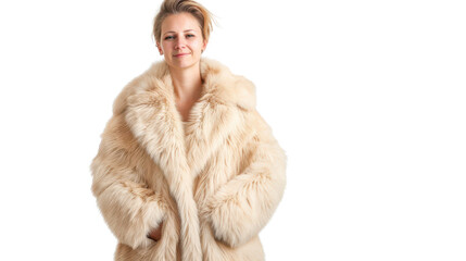 woman in a stylish faux fur coat on white isolated background.
