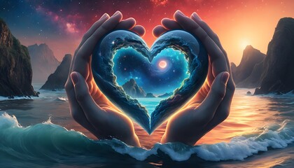 Poster - A Heart Representing Love in the Middle of the Universe with Cosmic Elements and Celestial Bodies to Inspire and Evoke Emotions for Various Creative Projects