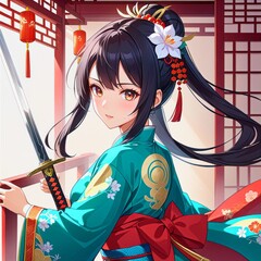 Portrait of a beautiful chinese woman in traditional costume with sword aesthetic anime