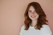 © Roey - Beautiful Smiling Woman with Brown Wavy Hair in White T-Shirt on Isolated Background