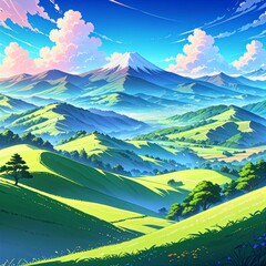 Rolling hills and majestic mountains aesthetic anime