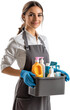 © Evodigger - Professional cleaning service worker holds bucket of supplies ,PNG,transparent background,clipart.