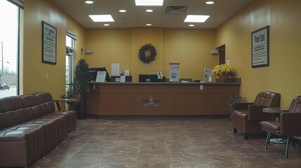 Wall Mural - An inviting and well-organized office reception area featuring comfortable seating, a welcoming desk, and bright lighting that creates a professional atmosphere