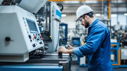 Poster - a worker operates heavy machinery in a modern manufacturing facility during daytime hours with safet