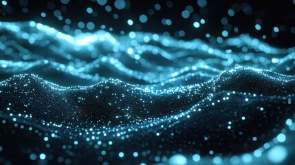 Poster - Abstract visualization of shimmering waves with glowing particles in a dark background.