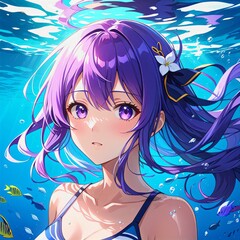 Unique portrait of anime girl with blue and purple hair underwater aesthetic anime