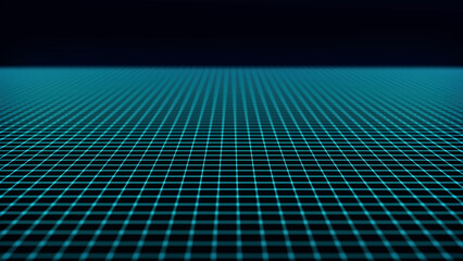 Poster - Abstract wireframe landscape. Vector perspective grid on dark background. Detailed lines on black background. Perspective tile floor. Detailed grid lines in infinity