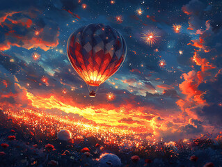 a hot air balloon floating in a vibrant, cloudy sky, with a firework of celestial bodies.